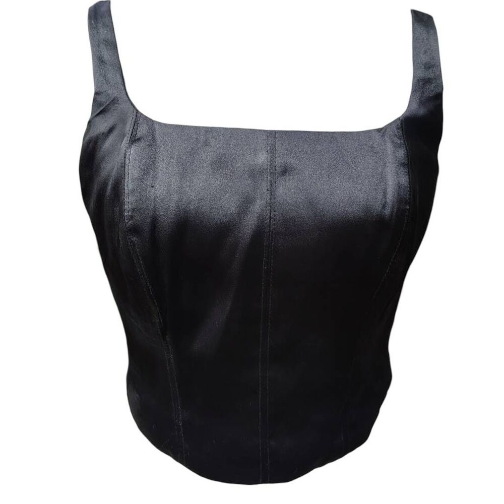 House of Harlow 1960 Black Satin Corset Crop Top Bustier Smocked Back Size Small